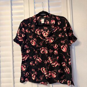 Luxury Jones New York 100% Silk Top Blouse Size 14 Large L Black Pink Floral